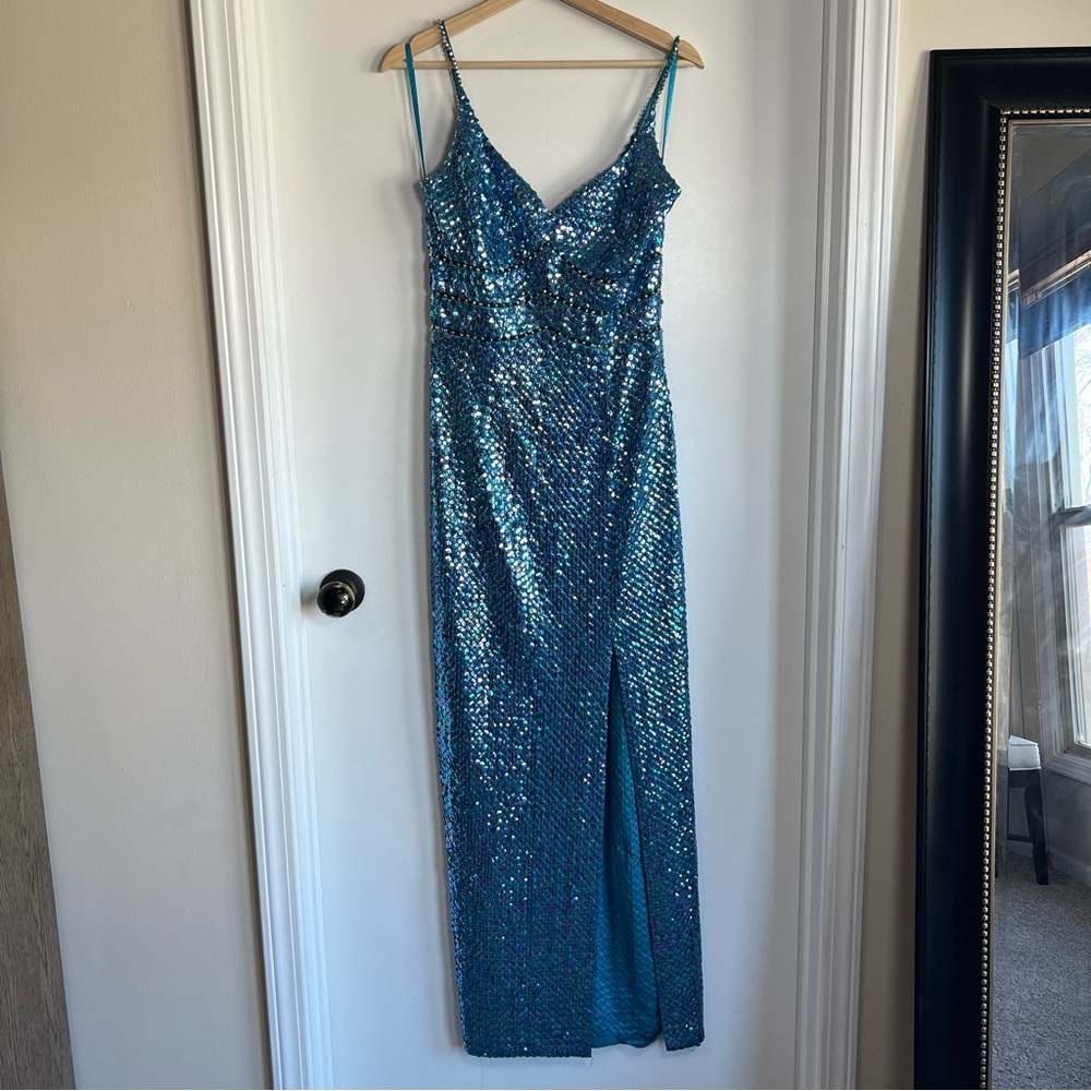 Vintage Niteline Della Roufogali Blue Purple Sequence Formal Prom Maxi Dress, 10